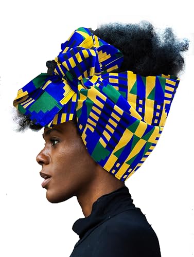 Women's African Print Long Skirt Kente Wax Maxi Skirts with Pockets Head Wrap Set3