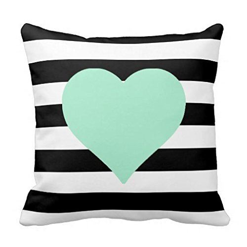 Black and White Striped Mint Heart Throw Pillow Cotton Square Throw Pillow Case Decorative Cushion Cover Pillowcase for Sofa