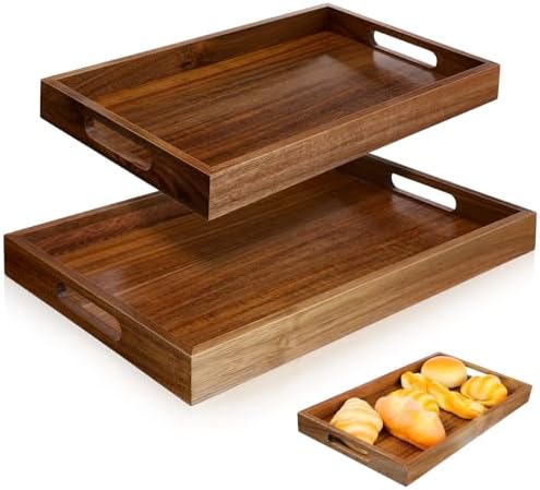 2 Pack Solid Acacia Wood Serving Trays with Handles, Rectangular ...