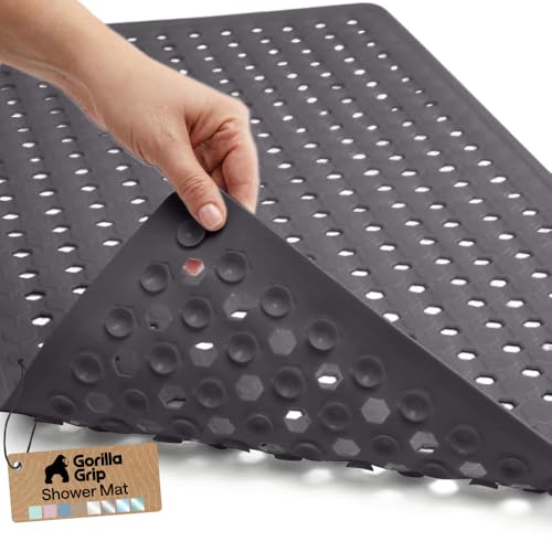 Image of GORILLA GRIP Patented Bath Tub Shower Mat, Machine Washable Bathtub Floor Liner Mats, Suction Cups and Drain Holes to Keep Tubs Clean, Soft on Feet, Bathroom Essentials, 35x16 Inch, Charcoal Opaque