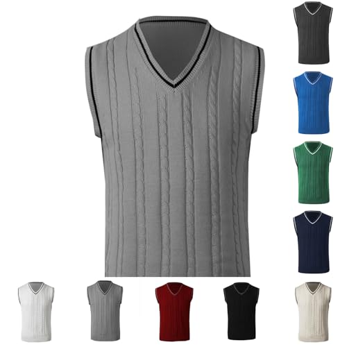 Cambkatl Men's Sweater Vest Preppy Striped V Neck Slim Fit Cable Knitted Sleeveless Pullover Sweaters2