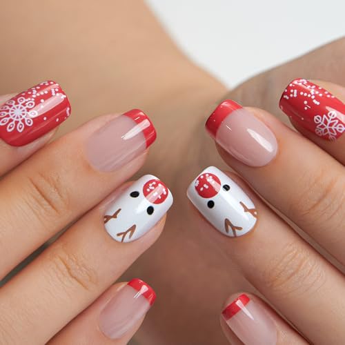 Image of Curvlife Press on Nails Acrylic Short Square Fake Nails with Christmas Deer Design Full Cover False Nails for Women Reusable Nail Kit