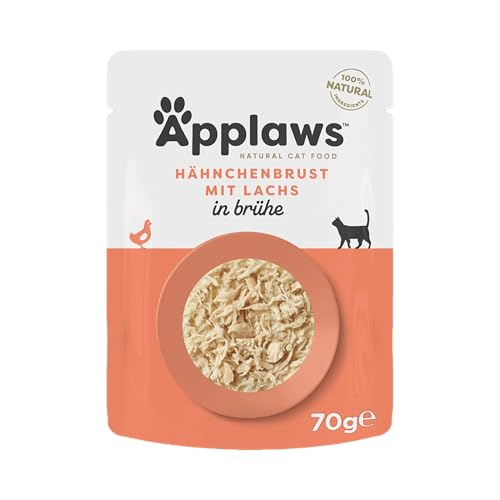 Applaws 100% natürliches Nassfutter für Katzen, Hühnerbrust mit Lachs in Brühe - Packung mit 12 x 70g Beuteln