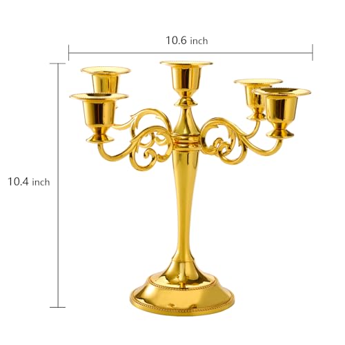 YOUEON 10In Metal Candle Holder with 5 Arms Candelabra Centrepiece Gold Candelabra Candle Holder Candlestick Holder for 1 Inch Diameter Pillar Candles Antique Candle Stand for Wedding Party Home Decor - Image 2