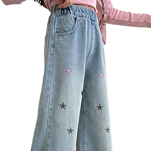 Tween Girls Star Embroidered Wide Leg Jeans Casual Elastic Waist Denim Pants with Back Pockets Kids Baggy Jeans4