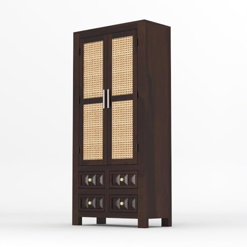 Image of PS DECOR Solid Sheesham Wood Bookshelf Cabinet with Cane Rattan Doors & 4 Drawers | Wooden Book Storage Unit for Home Library, Living Room & Office | Double Door Bookcase Organizer (Walnut Finish)