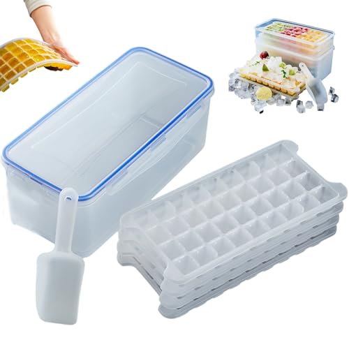 Bandeja de cubo de hielo de plástico de grado alimenticio con tapa y contenedor, 4 niveles Fácil liberación de la bandeja de hielo apilable con cucharada para congelador, cócteles.