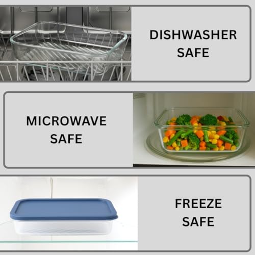 Image of Femora Borosilicate Glass Food Storage Containers with Lids Set of 7 (310ml x2, 520ml x2, 750ml, 1200ml, 1700ml) | Rectangular, Airtight & Leakproof | Microwave & Dishwasher Safe | Blue