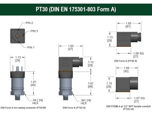 High Performance Fixed Range Pressure Transmitter, 0 to 500 psi Gauge, ±0.25% of Span, 0.5 Vdc to 4.5 Vdc, 3-Wire (ratiometric), 7/16-20 Male SAE - 4 (J1926-2), DIN Form A