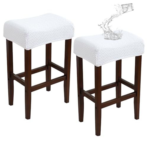 Image of Waterproof White Bar Stool Covers Set of 2 Rectangle Jacquard Stretchable Backless Barstool Seat Cover Counter Bar Stool Slipcovers Washable