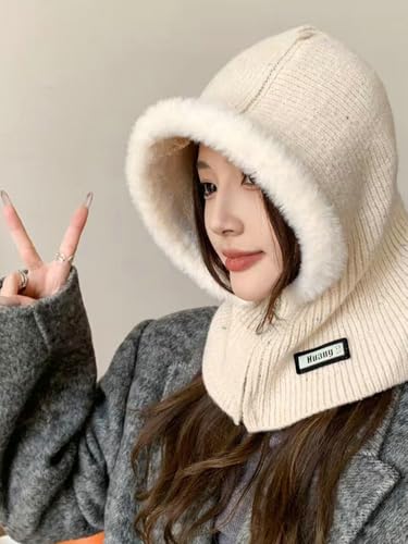 Hooded Scarf for Women Men Zip-up Balaclava Thickened Warm Knitted Hat with Ear Protection 2-in-1 Neck Gaiter Fall Winter2