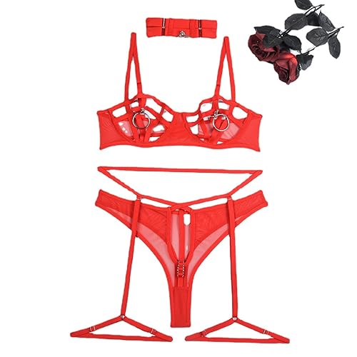 Lingerie érotique licou avec anneau poitrine ensemble quatre pièces ajusté