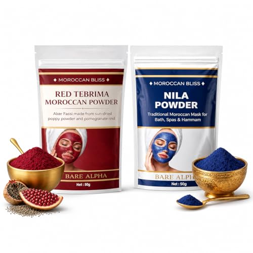 Image of Moroccan Nila Powder For Face - 100% Natural Blue Powder for Skin Brightening, Tan Removal & Detox | Traditional Moroccan Hammam Beauty Treatment For Face & Body Care (Blue+Red (50g+50g))