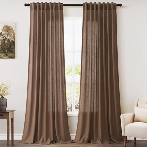 Image of Caramel Brown Linen Curtains for Living Room 94 Inches Long Back Tab and Rod Pocket Light Filtering Semi Sheer Vintage Rustic Curtain Luxury Boho Decor Drapes for Bedroom Office 52x94, 2 Panels