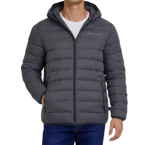 Image of Spyder Puffer Jacket Men - Packable Lightweight Quilted Hooded Winter Coat | Soft-touch insulation, packs into inner zip pocket, reversed coil zipper, zippered hand pockets