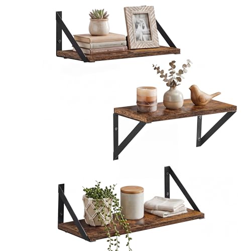 Image of VASAGLE Set of 3 Floating Wall Shelves for Jewelry, Photo Frames, Spice Bottles, Toiletries, Living Room, Bedroom, Kitchen, Bathroom, Rustic Brown and Black