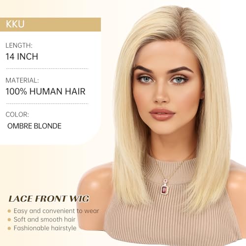Image of KKU 100% Human Hair Lace Front Wig for Women- Pre-Plucked Natural Hairline, Side Part Ombre Blonde Wig, 14 Inch, Soft & Natural Hair for Daily Use