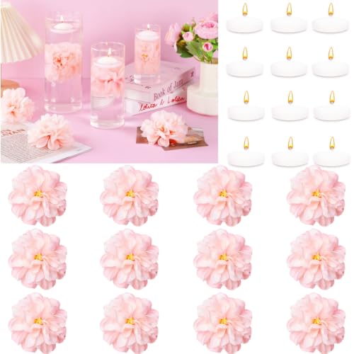 ZJGXH 24 Pcs Floating Candles for Centerpieces and Floating Flowers for Centerpieces Artificial Flowers Vase Fillers for Wedding Table Party Home Decoration Peach Blush