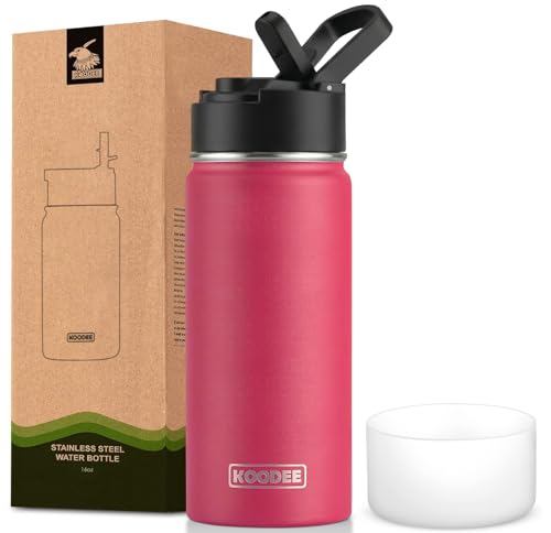 Image of koodee 16 oz Water Bottle Stainless Steel Double Wall Vacuum Insulated Water Bottle for School, Wide Mouth Water Flask with Straw (Canyon Red)