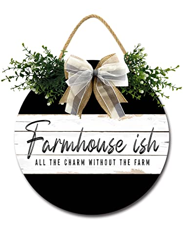 Farmhouse Ish All The Charm Without The Farm Sign Farmhouse Wood Sign Front Porch Decor Rustic Wooden Sign Wall Decor Hanging Wooden Decorations with Bow-Knot for Home Porch Wall Door, 12 x 12 inch