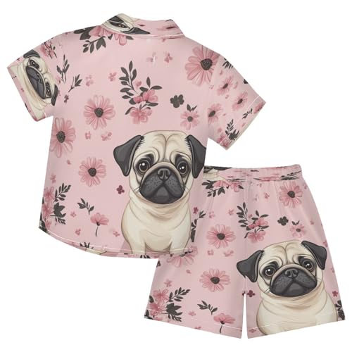 Boccsty Cute Pug Dog Flowers Pink Boy Summer Shorts Sets Hawaiian Toddler Boys T-Shirt & Pants 2 Pcs 3T2