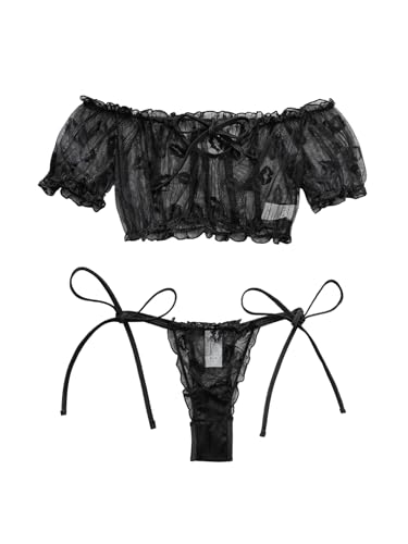 Image of Lilosy Sexy Stretch Ruffle Tie Sheer Mesh Lingerie Set Outfits