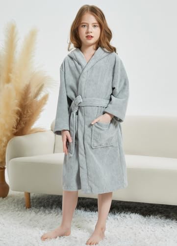 Boys Girls Cotton Robe Lightweight Toddler Hooded Soft Unisex Bathrobe for Kids 6-16 Years4