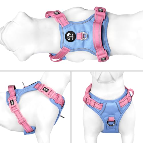 No Pull Dog Harness Reflective Adjustable Puppy Vest with Handle | Baby Blue Base & Pink Straps,M, Quick-release at Neck, Front & Back Leash Hooks,Breathable Mesh, for Small Medium Large Dogs - Image 3