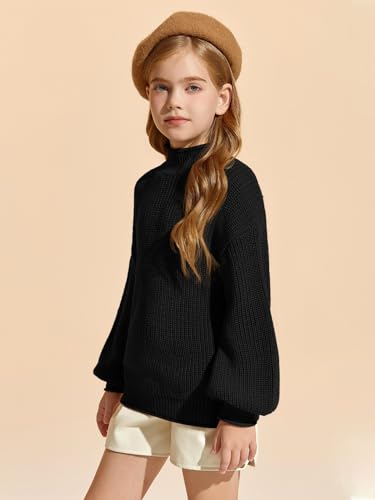 Image of rrhss Girls Mock Neck Loose Knit Sweaters Kids Long Sleeve Slouchy Warm Cute Fashion Pullover Tops 5-14 Years Black