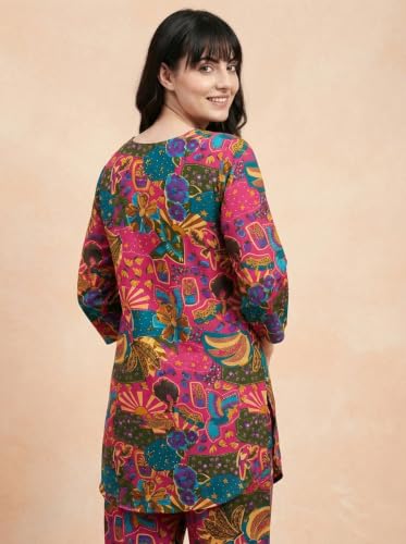 Image of Bee M Pee Designer Trendy Floral Printed Poly Rayon Cotton Kurta Coord Sets for Women | Stylish Casual Kurti Tunic Cord Set with Pant for Woman for Office