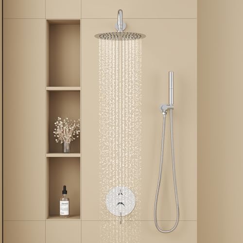 Image of BESy Shower System with 10 Inch Round Rain Shower Head and Handheld Wall Mounted, High Pressure Rainfall Shower Faucet Fixture Combo Set with 2 in 1 Handheld Showerhead for Bathroom, Polished Chrome