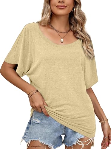 Image of Hilinker Womens Sexy Off The Shoulder Tops Short Batwing Sleeve T Shirt Oversized Casual Tee Beige Large