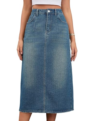 Women's Denim Skirt High Waisted Split Back Pockets Casual Pencil Midi Jean Skirts