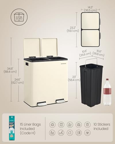 Image of SONGMICS Trash Can, Double Compartment Garbage Can, Stainless Steel | 2 X 8 Gallon (2 x 30 L) for Recycling, with 15 Liner Bags, Soft-Close Lids, Removable Buckets, Almond ULTB160AZ01