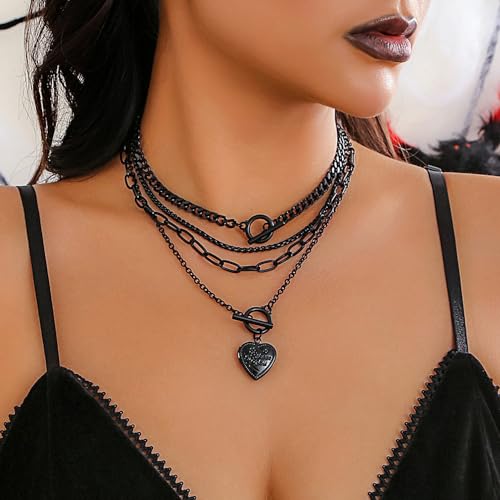 BUYITO Chunky Layered Necklace Stack for Women Trendy Goth Heart Pendant necklaces Set Dainty Coin Toggle Clasp Cuban Chain Punk Necklaces Gothic Y2K Aesthetic Jewelry for Women4