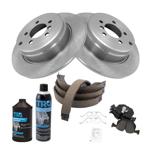Image of TRQ Rear Brake Pad & Rotor Kit, with Chemical Kit Parking Brake Shoe Set Ceramic Compatible with 2003-2005 Land Rover Range Rover