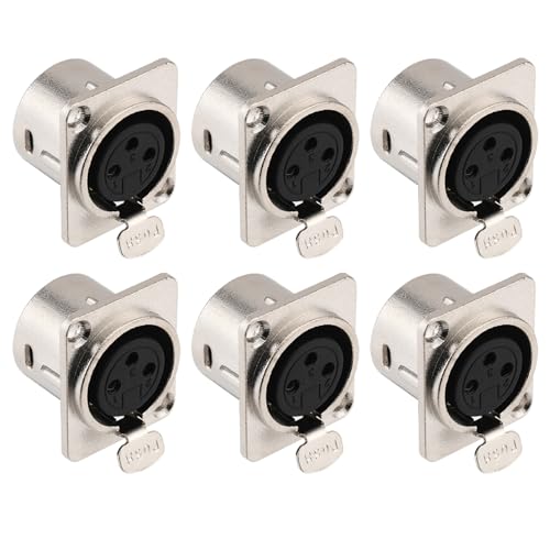 Greluma Lot de 6 connecteurs XLR femelles à montage sur panneau à 3 broches pour haut-parleur de microphone - Contacts en cuivre nickelé, boîtier métallique