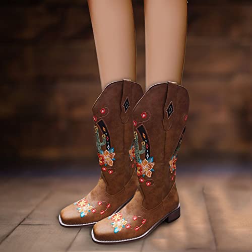 Tkukkwr Schoenen Laarzen Winterlaarzen voor Vrouwen MidShoes Cactus Dames Teen Laarzen Borduurwerk Mode Quadrate Kleur Vrouwen Laarzen Cowboy Laarzen - Afbeelding 3