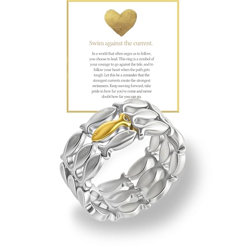 Swim Against the Current Ring Anti-Tarnish,Just Keep Swimming Ring,Unique Fish Design inspirational gifts for women
