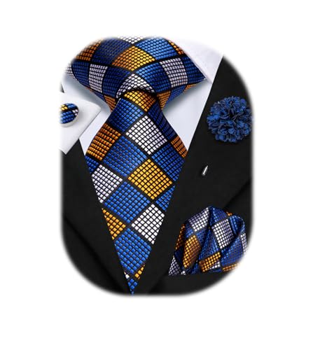 Image of Hi-Tie Mens Paisley Floral Striped Ties Set Silk Necktie and Lapel Pin for Men Pocket Square Cufflinks Set Business Wedding