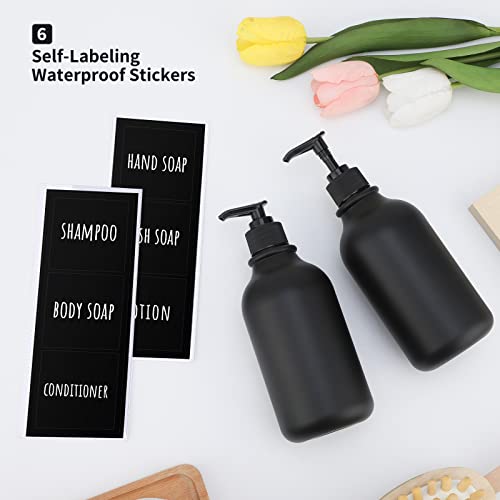Image of Segbeauty Matte Black Shampoo Dispenser, 2pcs 16.9oz Empty Refillable Pump Bottle with Labels, 500ml Plastic Press Lotion Dispenser Bathroom Shower Containers for Conditioner Hand Wash Gel Dish Soap