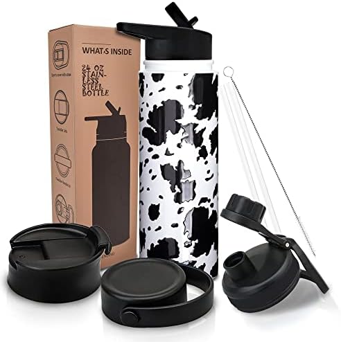 Weboia Cow Print Sport Water Bottle with Straw 4 Lids,Birthday Gifts for Women Insulated Cups Funny Gifts for Girlfriend Cow Print Stuff Gifts for Daughter Cow Lovers Black