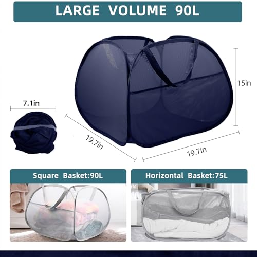 Image of 2 Pack Collapsible Foldable Laundry Baskets, 90L Large Durable Mesh Pop Up Hampers for Bedroom, Bathroom, Dorm, Laundry Room, Travel - Navy
