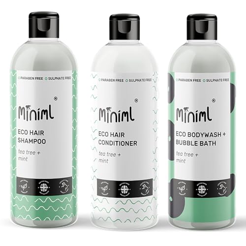 MIniml Shampoo, Conditioner and Body Wash Bundle - Tea Tree and Mint - 3x 500ml bottles, Vegan, Eco friendly