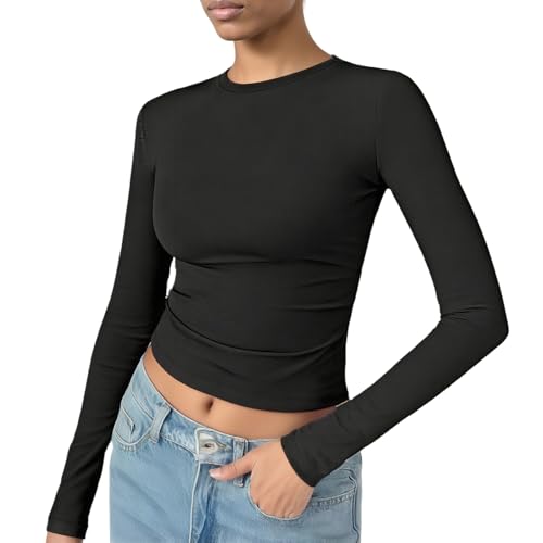 OYIWINMI Womens Long Sleeve Basic Tops Crew Neck Thermal Shirts Stretch Fitted Underscrubs Layer Tee Black XXS-L