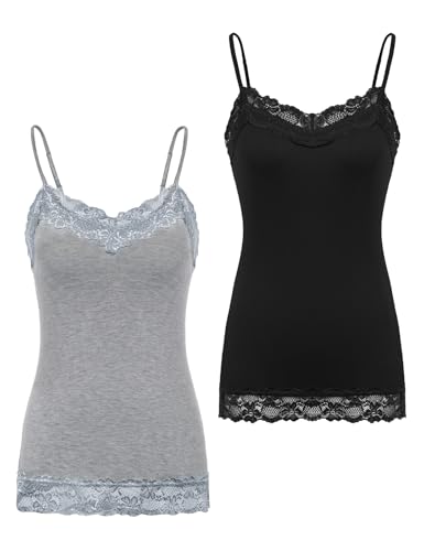 Image of Kate Kasin Women's Adjustable Spaghetti Strap Lace Trim Cami Tunic Tank Top 2PACK