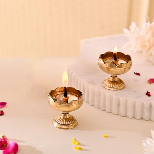 Craftvatika Brass Lotus Diya for Puja Set of 2 - Lotus Flower Diya for Pooja Room , Temple , Mandir, Office, Oil Lamp Diya for Home Decoration
