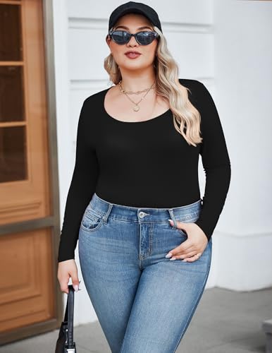 IN'VOLAND Women's Plus Size Long Sleeve Shirts Scoop Neck Slim Fitted T Shirt Stretchy Bodycon Basic Tee Tops2