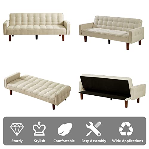 Setawix Linen Futon Sofa Couch Bed Button Tufted Convertible Sleeper Sofa Beds Reclining Armed 3 Seater Sofas Couches For Living Room Bedroom Apartment Small Spaces (Beige) #TOP6