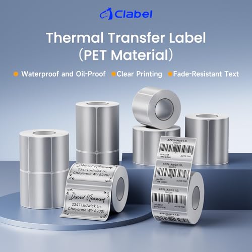 Image of Clabel Thermal Transfer Silver PET Labels 1.97 x 1.18 in (50 x 30 mm) for Barcode and Asset Identification, 600 Labels per Roll, Compatible with Thermal Transfer Printers
